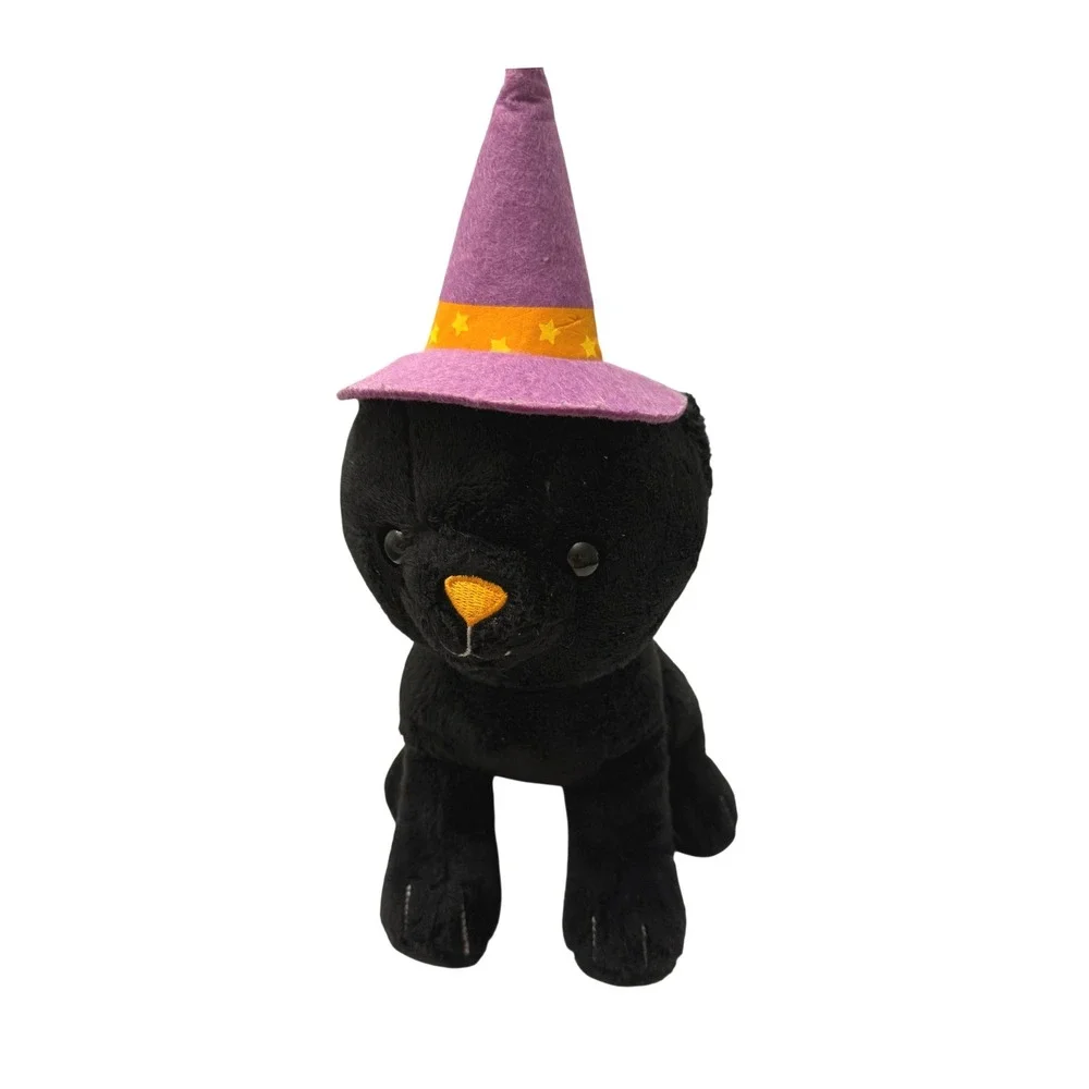 Hallmark‎ Halloween Black Cat Plush Witch Hat Purple Orange Stars 10.5 Inch